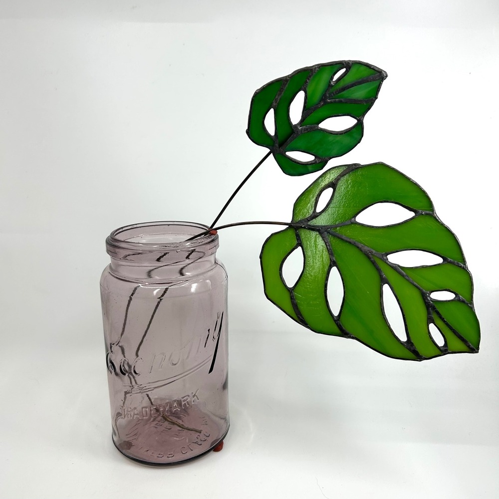 Vintage Handmade Stain Glass Monstera Leaf Vase Filler Wire Floral Bouquet